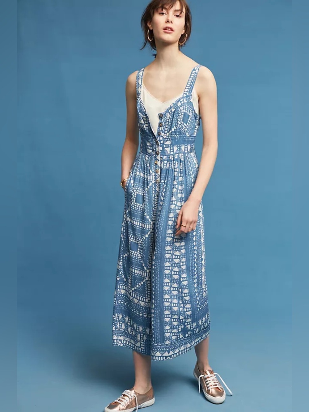Plenty by Tracy Reece Blue Geometric Squares Patterned Wide-Leg Jumpsuit